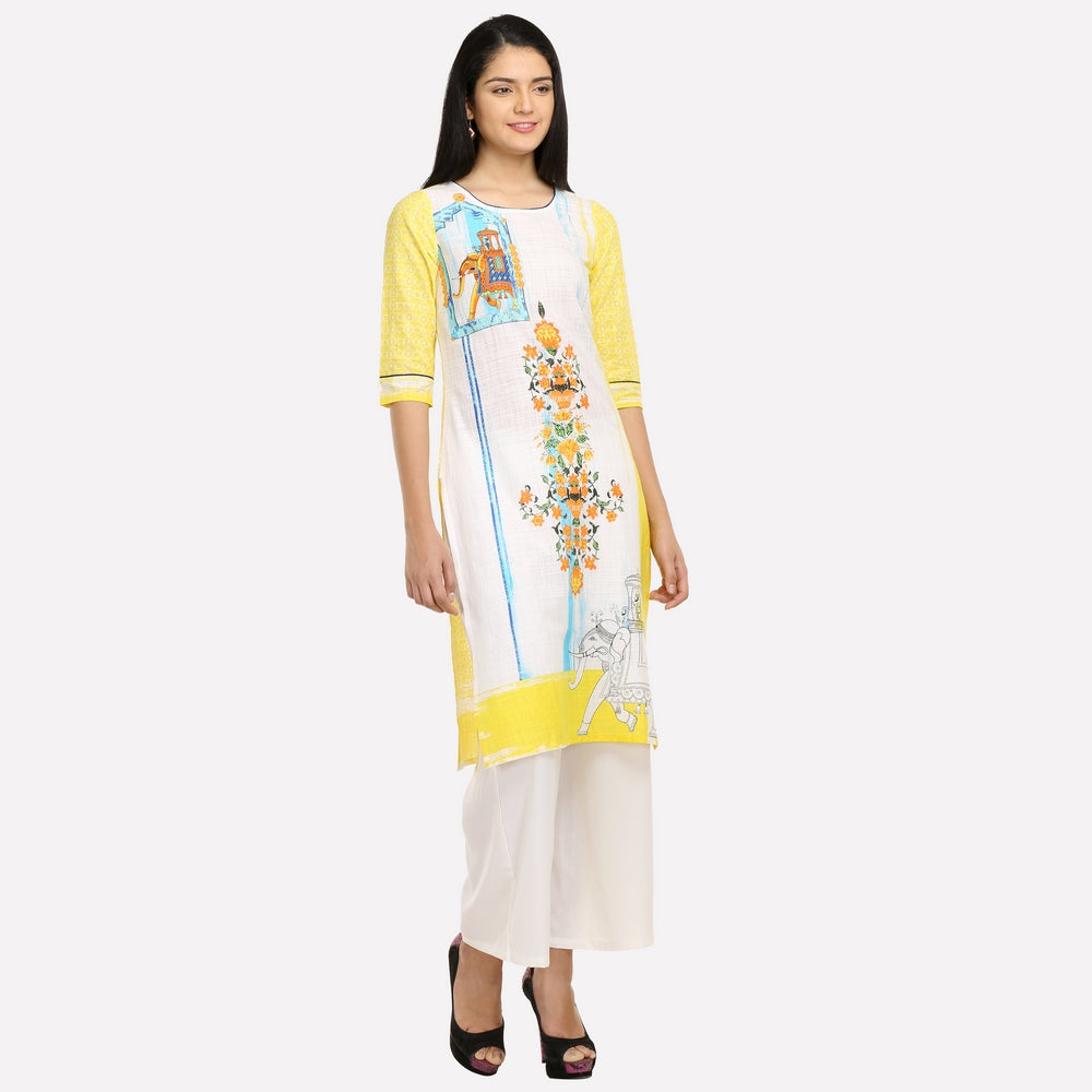 Yellow &amp; White Printed kurta