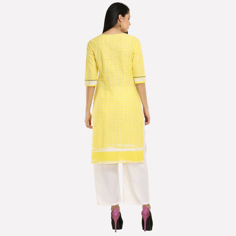 Yellow &amp; White Printed kurta