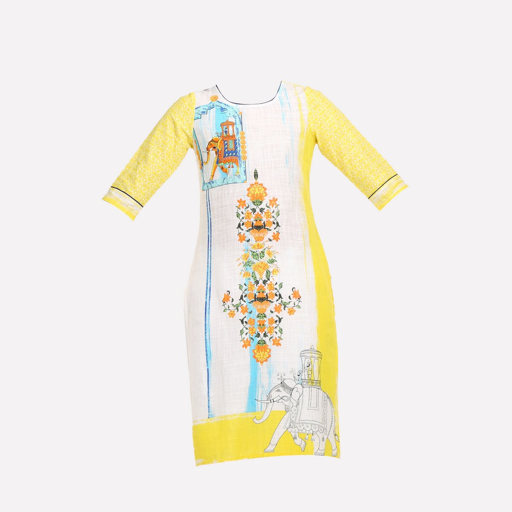 Yellow &amp; White Printed kurta