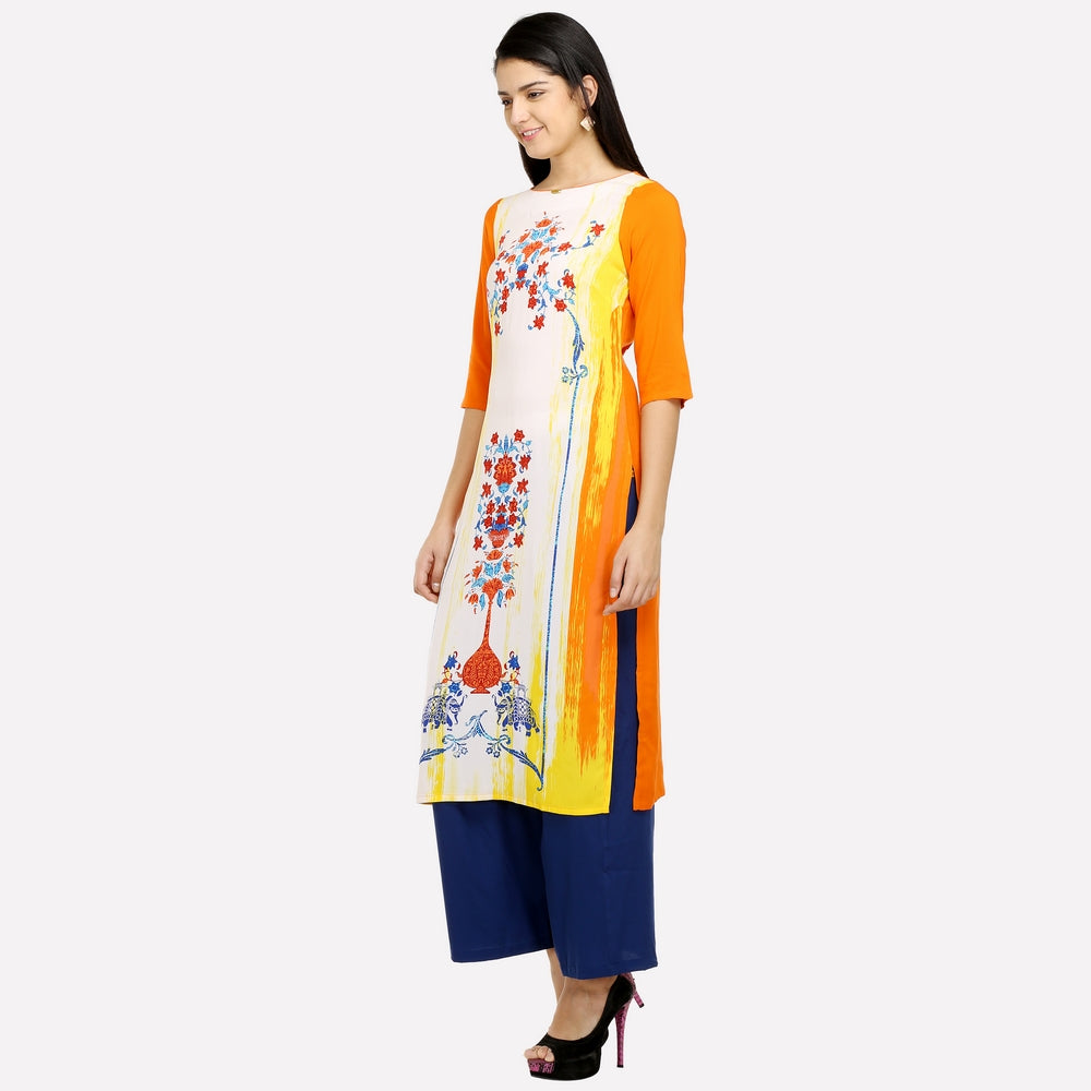 Orange Boat Neck Printed kurta