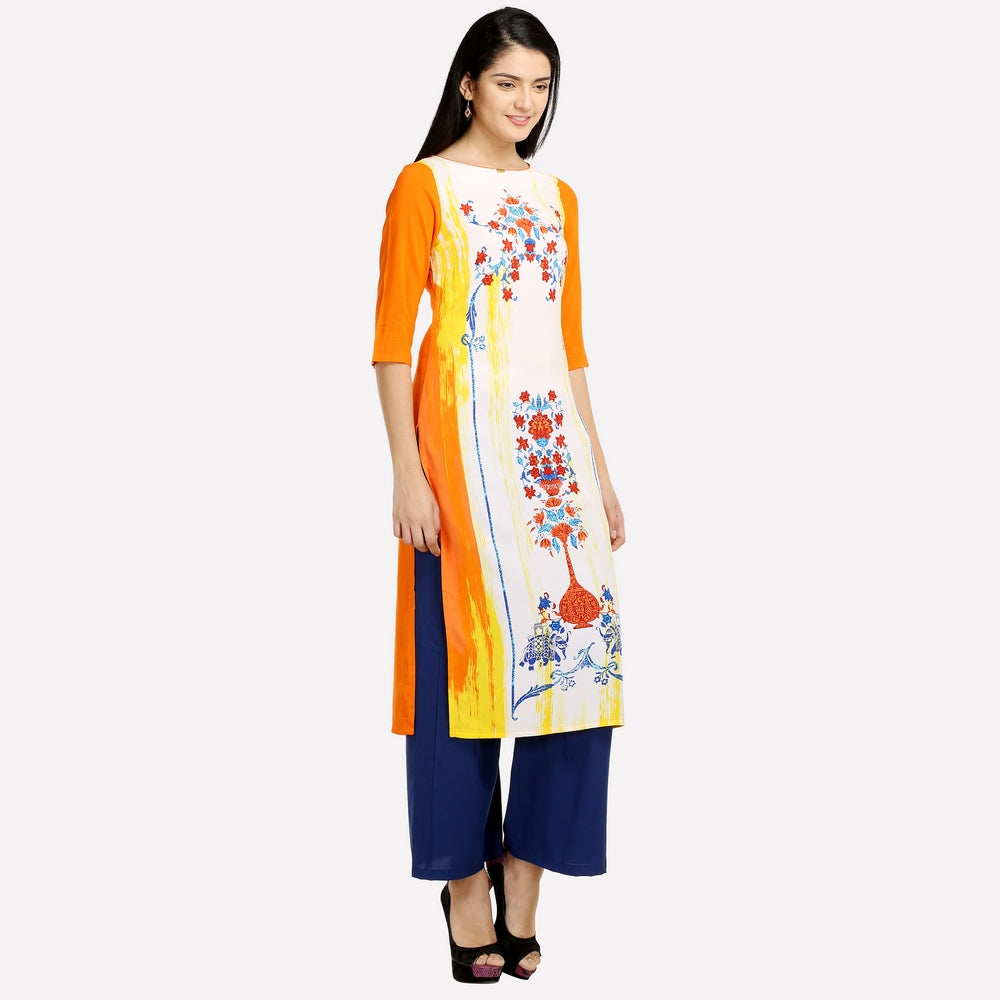 Orange Boat Neck Printed kurta