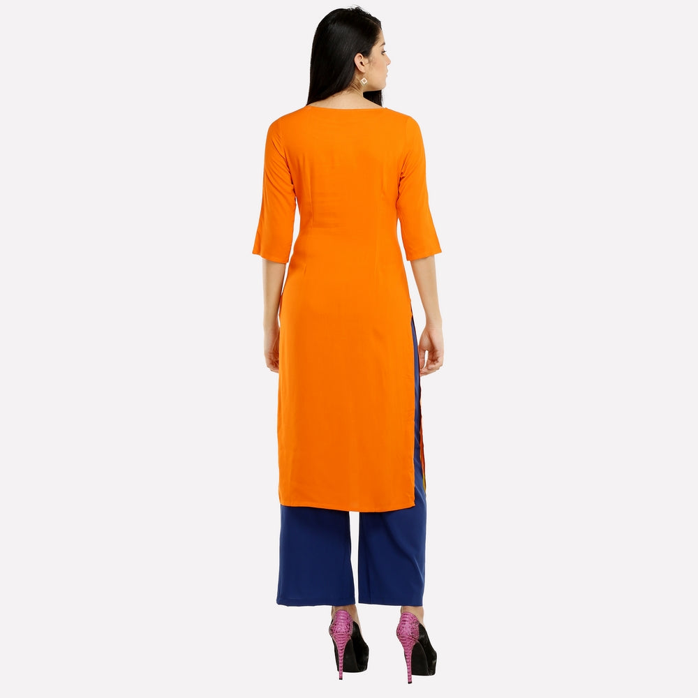 Orange Boat Neck Printed kurta