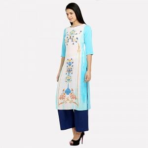 Blue Printed Boat Neck kurta