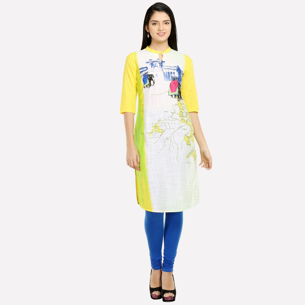 Yellow &amp; White Mandarin Neck Printed kurta