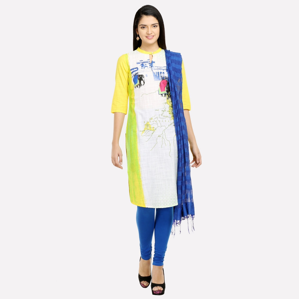 Yellow &amp; White Mandarin Neck Printed kurta