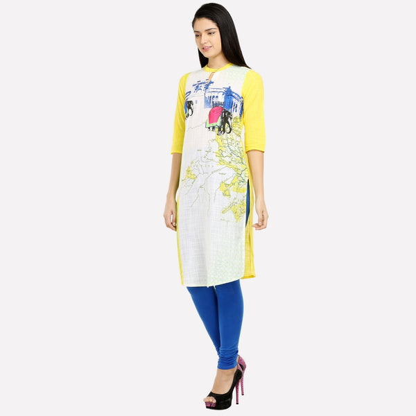 Yellow & White Mandarin Neck Printed kurta