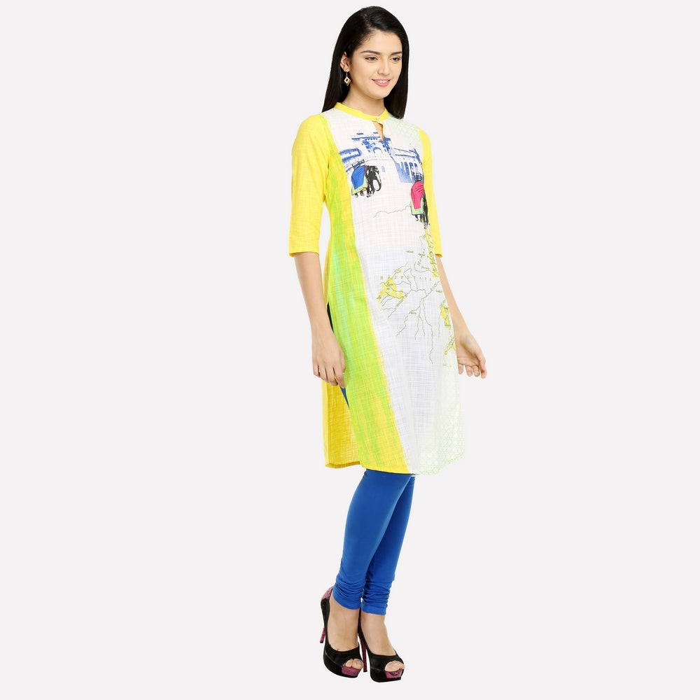 Yellow &amp; White Mandarin Neck Printed kurta