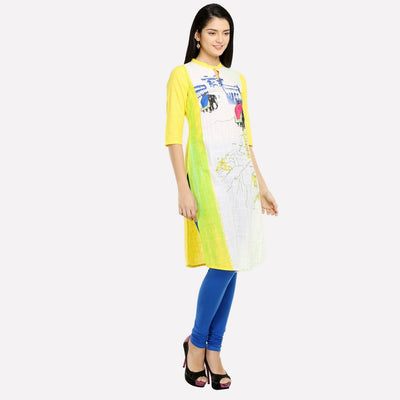 Yellow & White Mandarin Neck Printed kurta