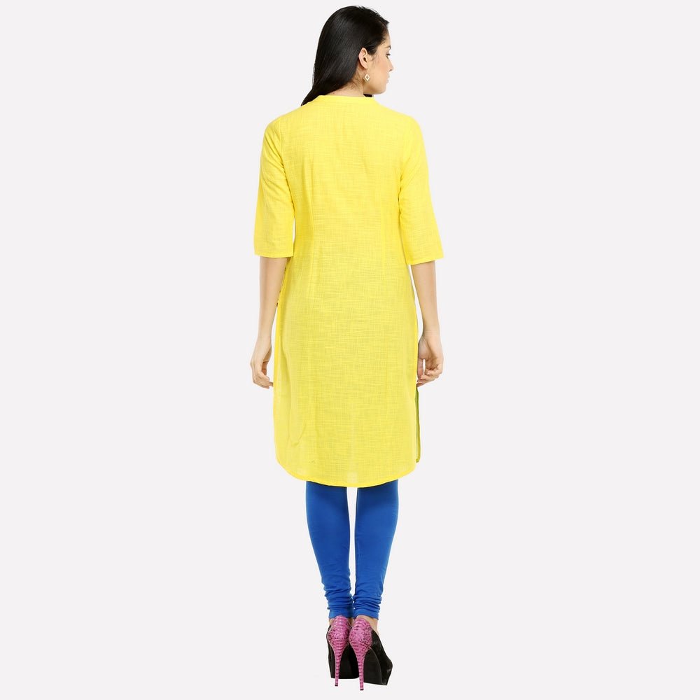 Yellow &amp; White Mandarin Neck Printed kurta