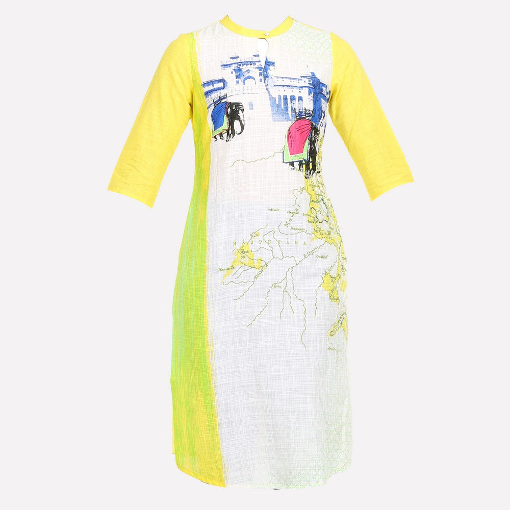 Yellow &amp; White Mandarin Neck Printed kurta