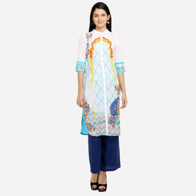 White & Blue Collar Neck Printed kurta