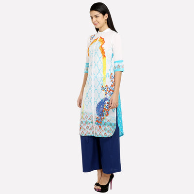 White & Blue Collar Neck Printed kurta