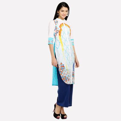 White & Blue Collar Neck Printed kurta