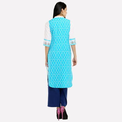 White & Blue Collar Neck Printed kurta