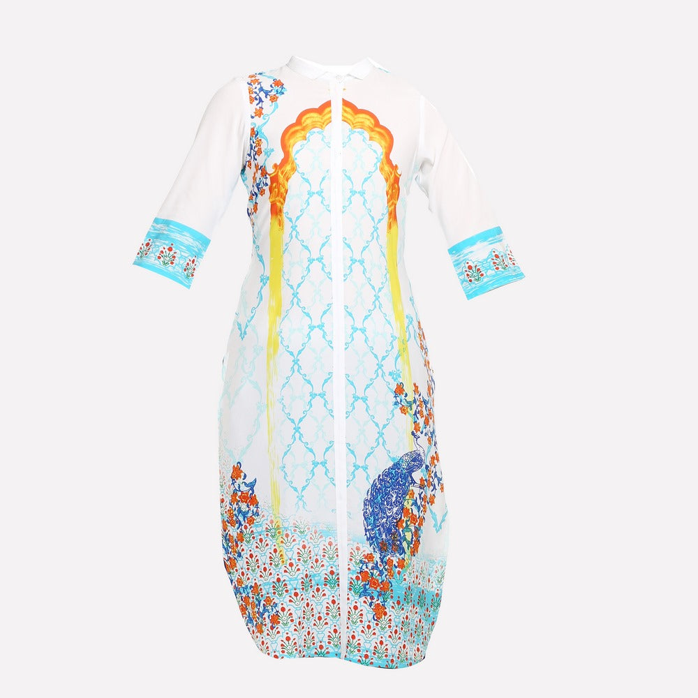 White &amp; Blue Collar Neck Printed kurta