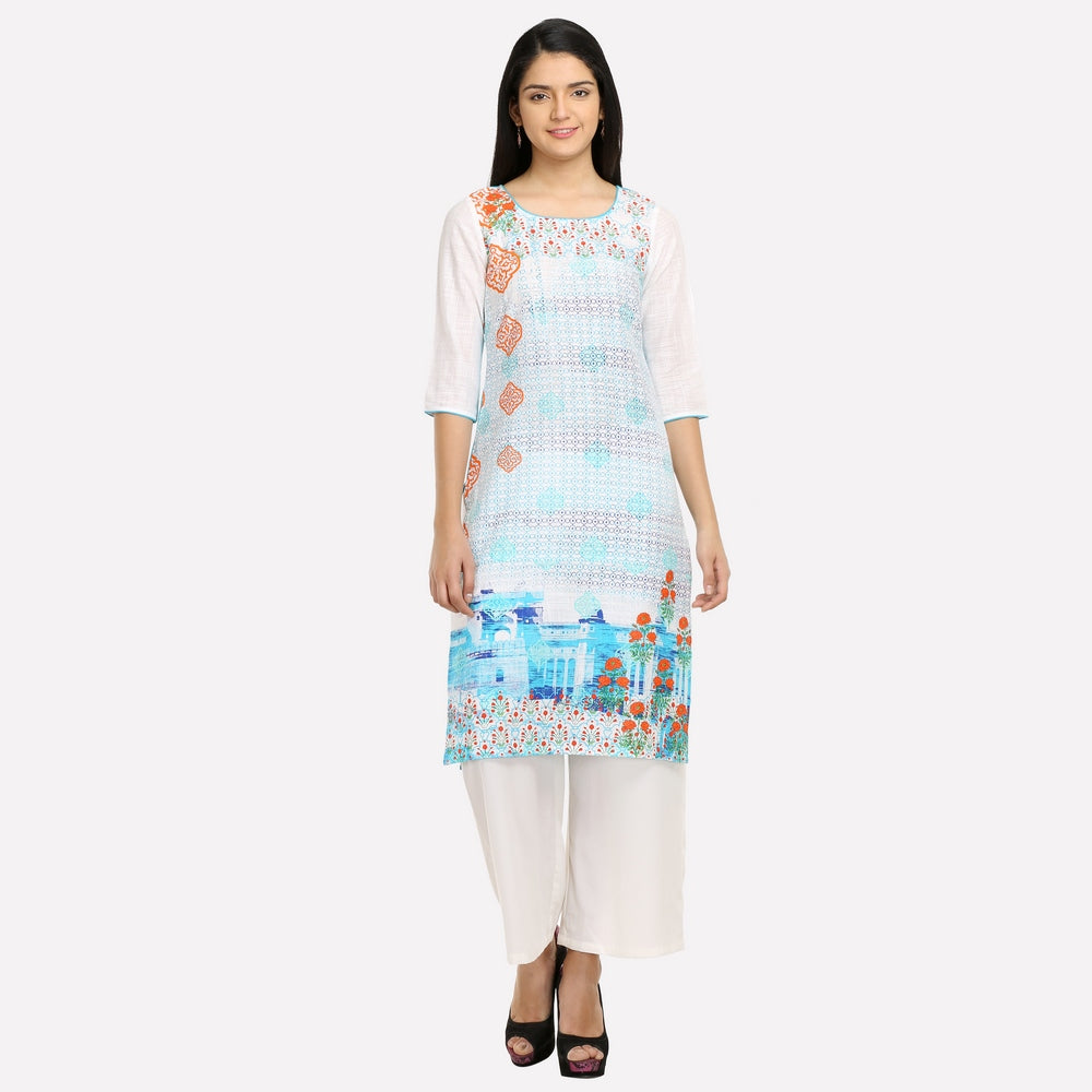 White &amp; Blue Printed kurta