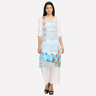 White & Blue Printed kurta