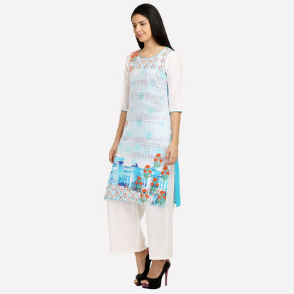 White &amp; Blue Printed kurta