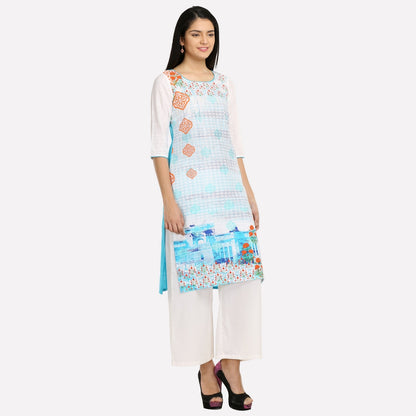 White &amp; Blue Printed kurta