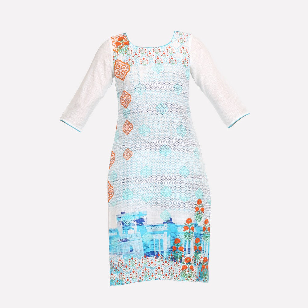 White &amp; Blue Printed kurta