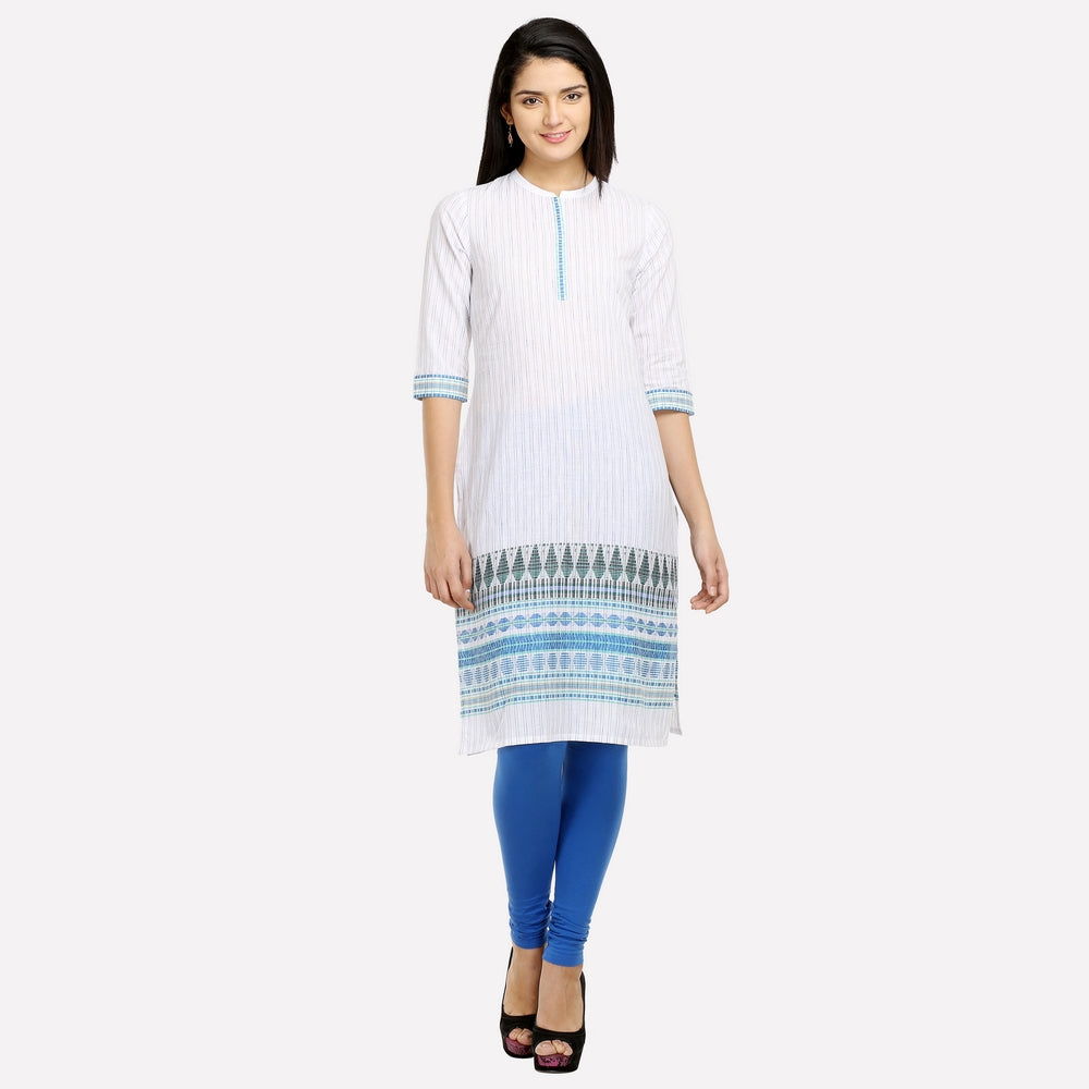 White &amp; Blue Mandarin Neck Printed kurta