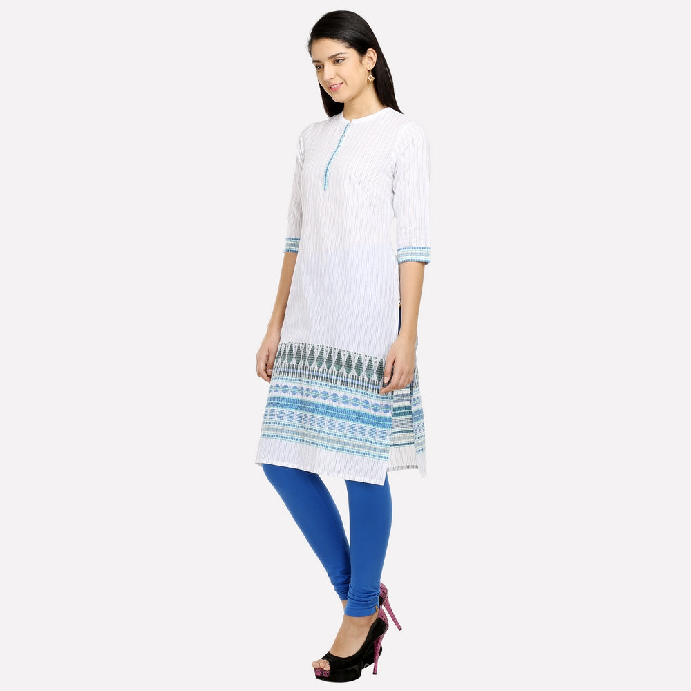 White &amp; Blue Mandarin Neck Printed kurta