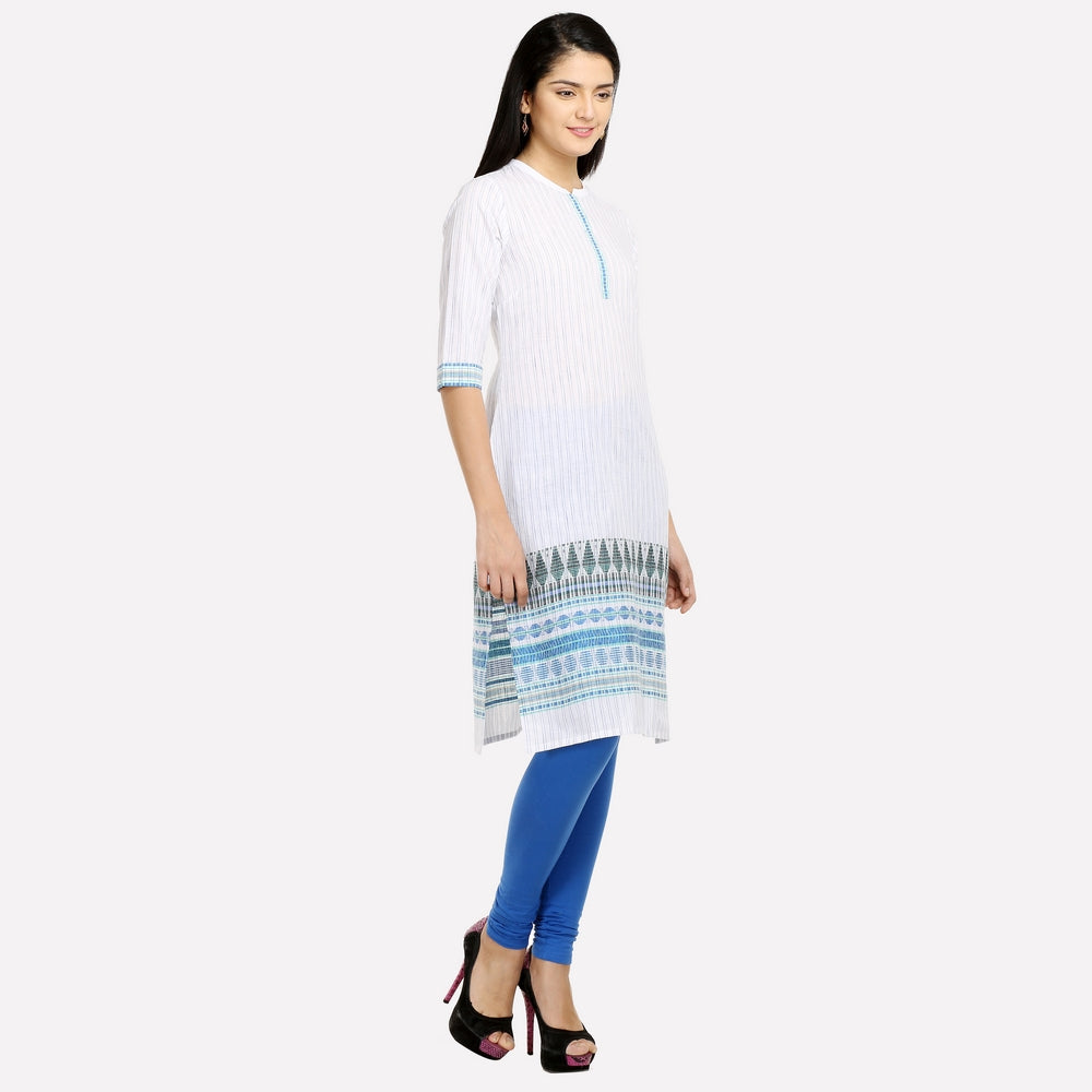 White &amp; Blue Mandarin Neck Printed kurta