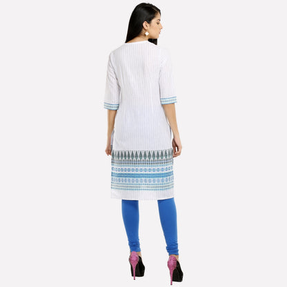 White &amp; Blue Mandarin Neck Printed kurta