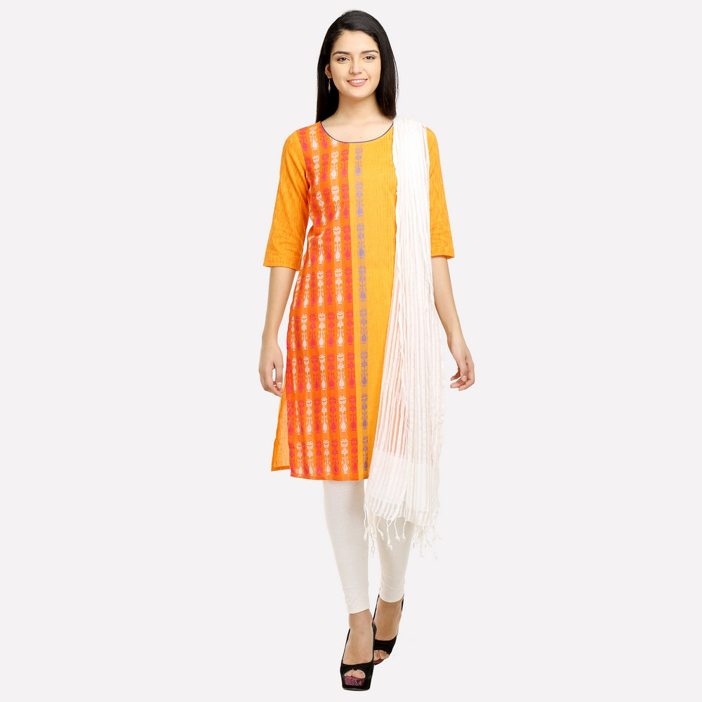 Yellow Printed Round Neck 3/4 Sleeve kurta