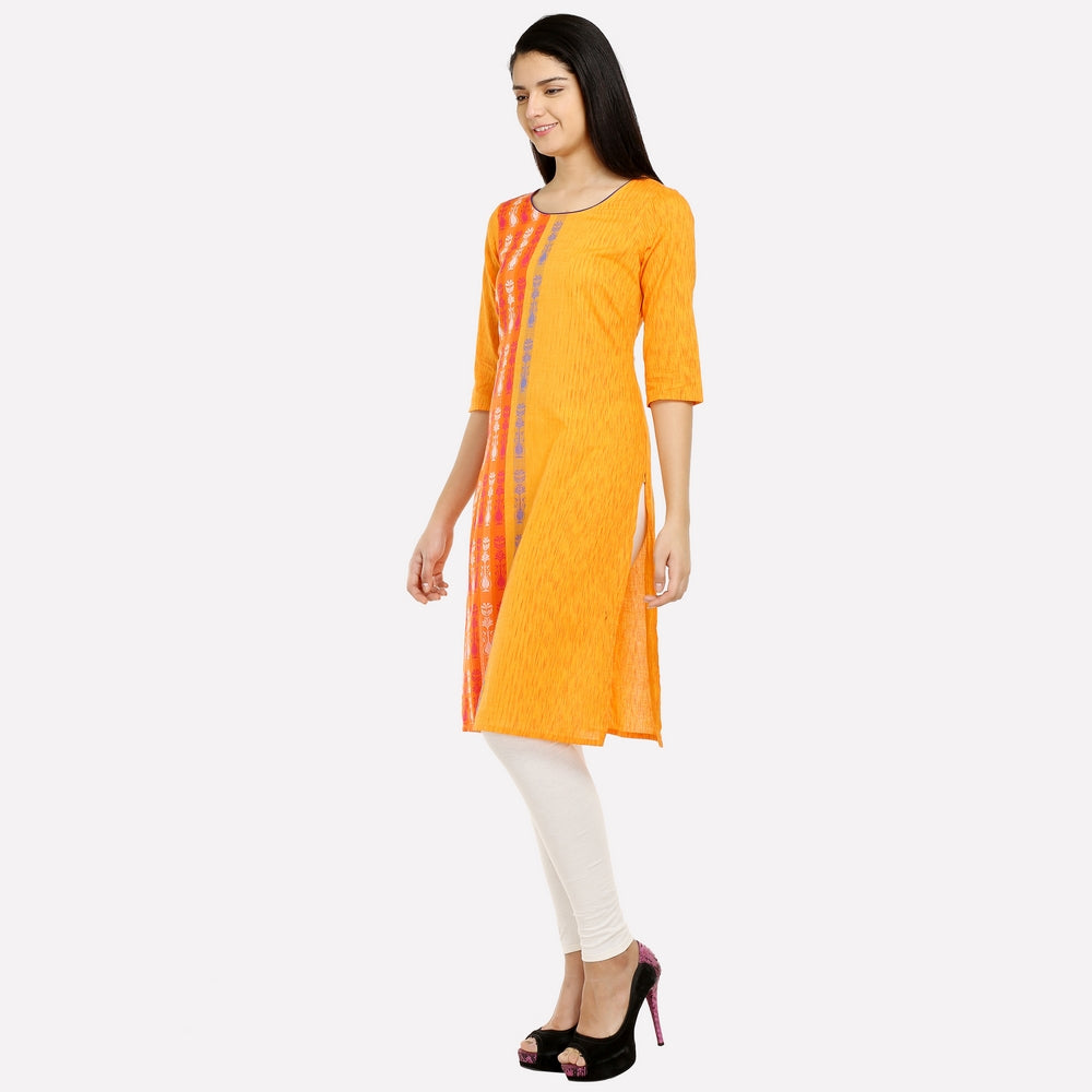 Yellow Printed Round Neck 3/4 Sleeve kurta