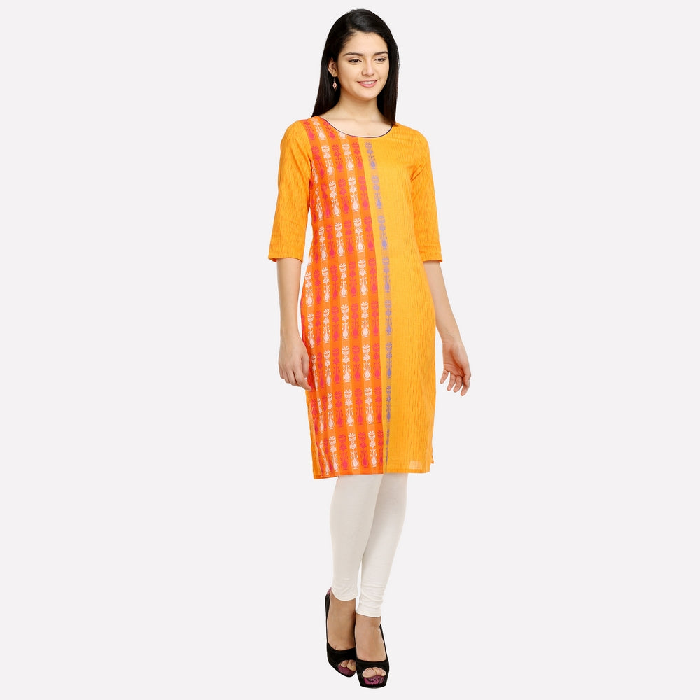 Yellow Printed Round Neck 3/4 Sleeve kurta