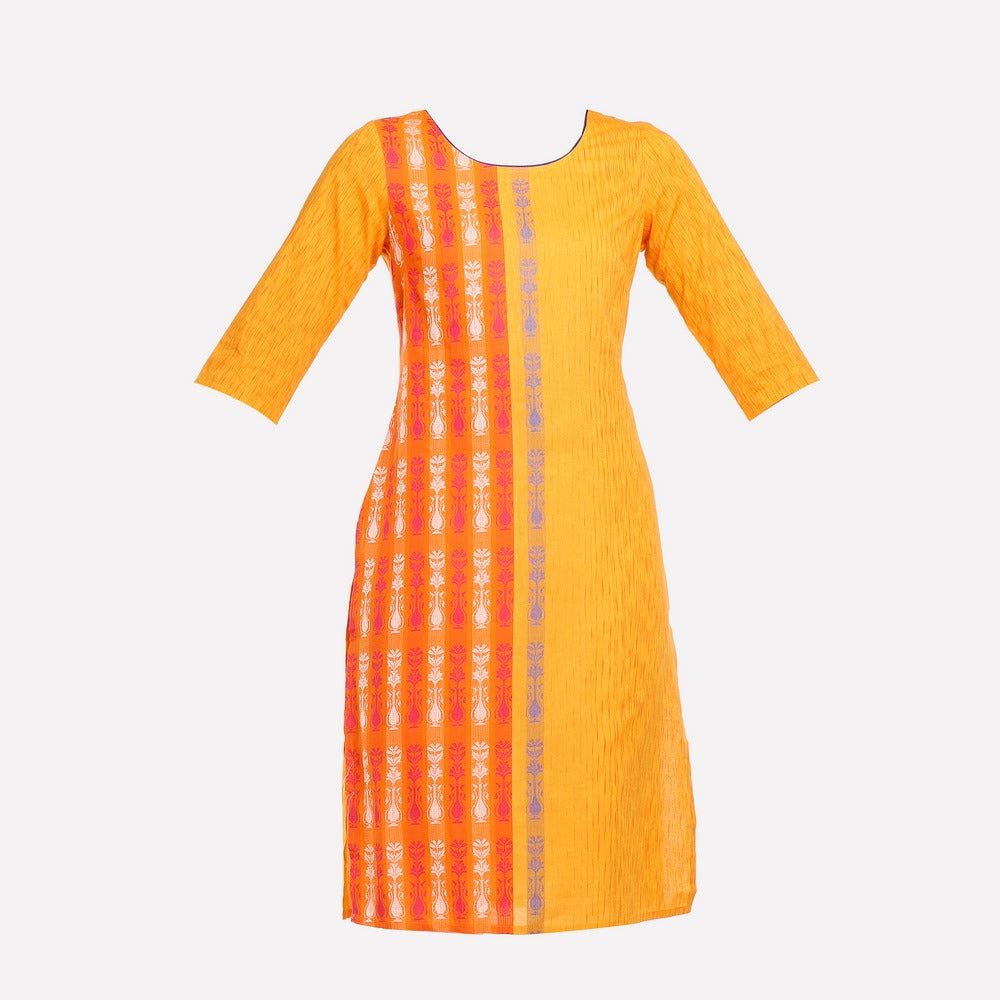 Yellow Printed Round Neck 3/4 Sleeve kurta