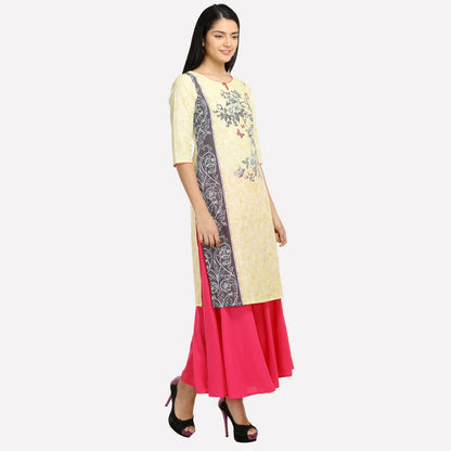 Yellow Floral Print 3/4 Sleeve kurta