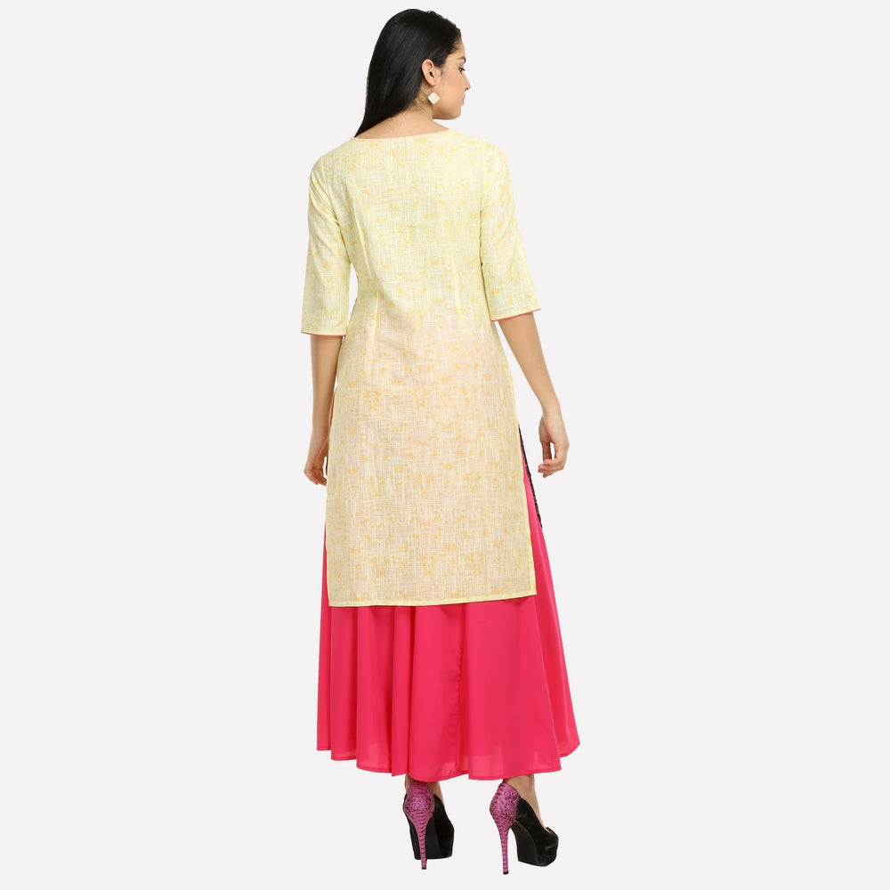 Yellow Floral Print 3/4 Sleeve kurta