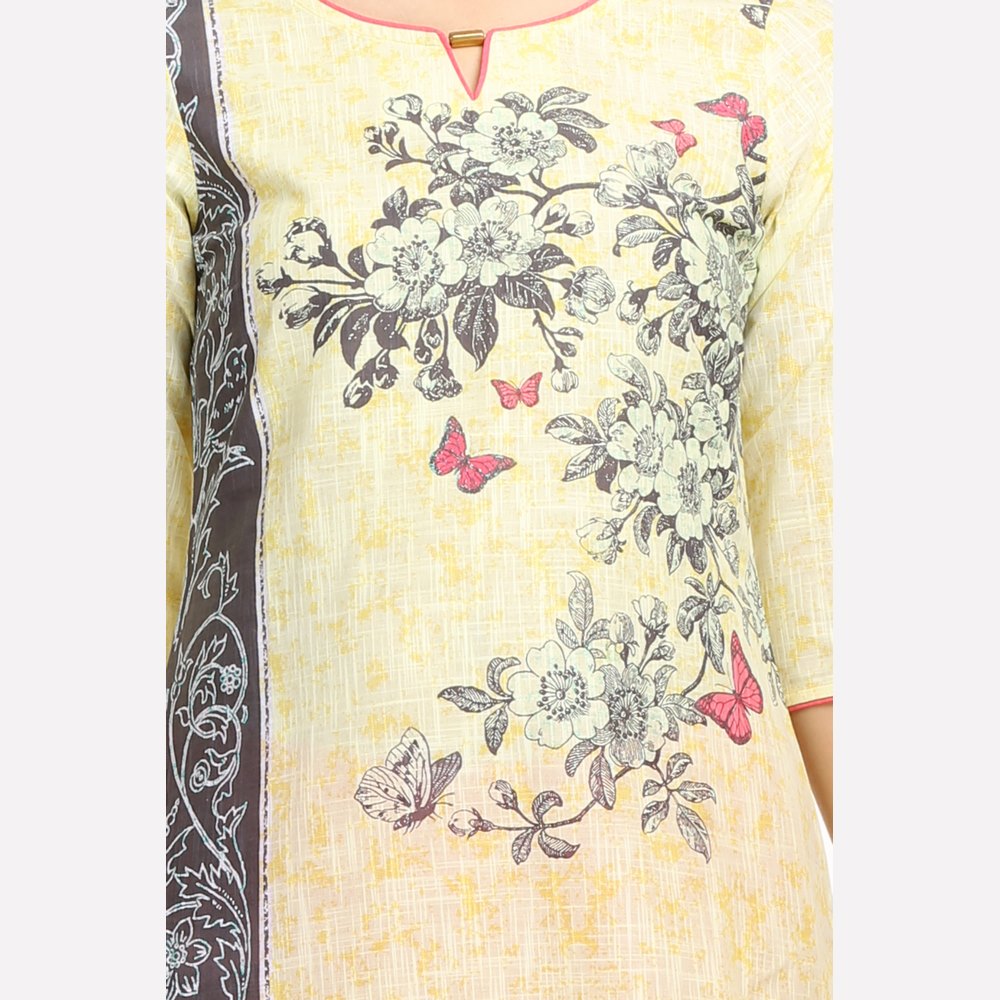 Yellow Floral Print 3/4 Sleeve kurta