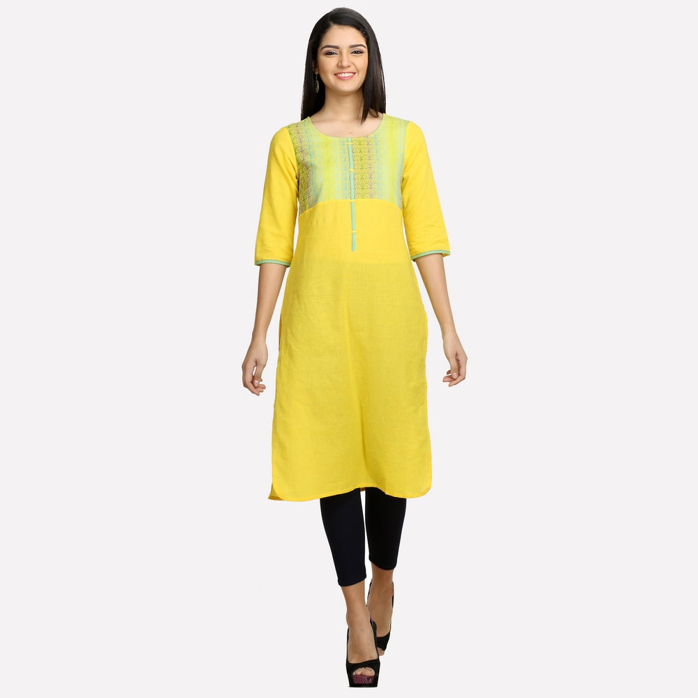 Yellow Round Neck Printed 3/4 Sleeve kurta