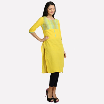 Yellow Round Neck Printed 3/4 Sleeve kurta