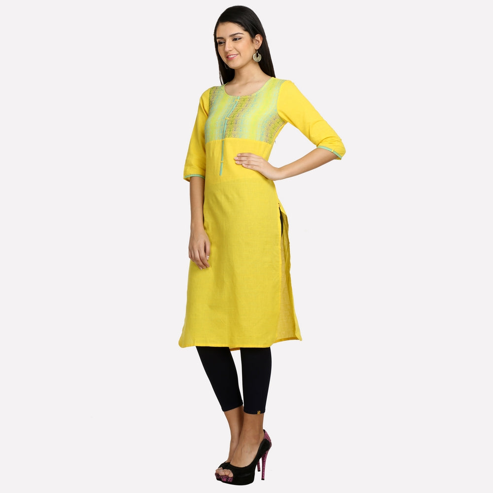 Yellow Round Neck Printed 3/4 Sleeve kurta