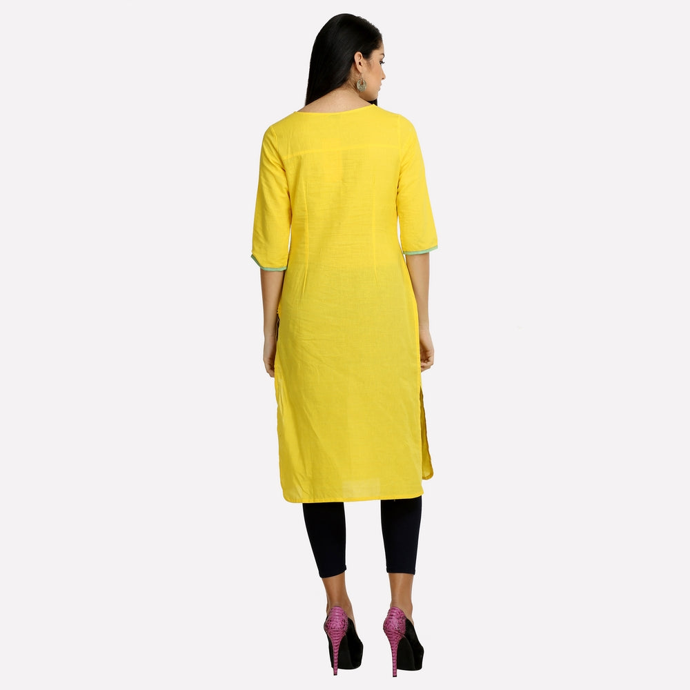 Yellow Round Neck Printed 3/4 Sleeve kurta