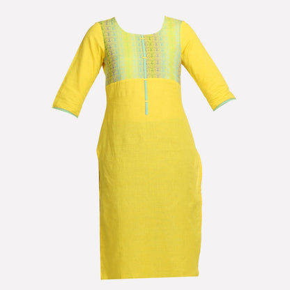 Yellow Round Neck Printed 3/4 Sleeve kurta