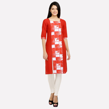 Red Printed Front Slit kurta