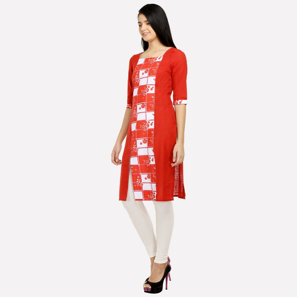 Red Printed Front Slit kurta