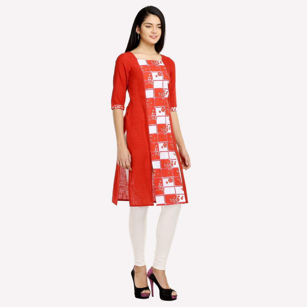 Red Printed Front Slit kurta