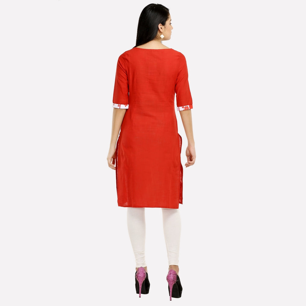 Red Printed Front Slit kurta