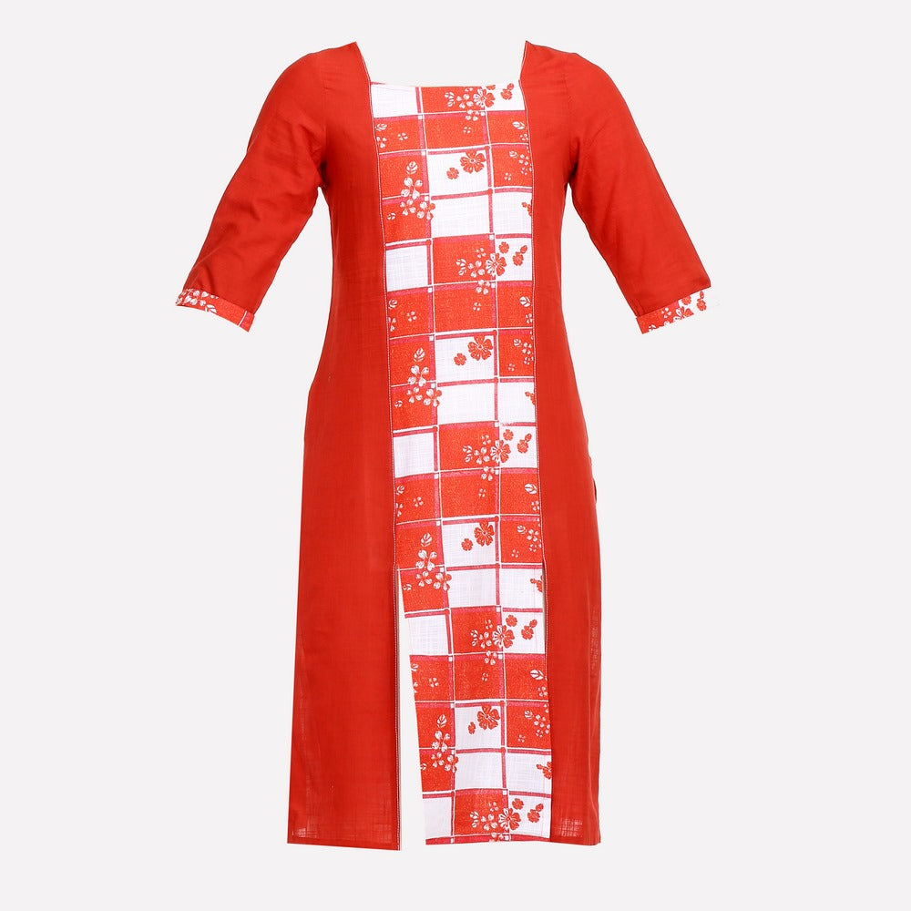 Red Printed Front Slit kurta