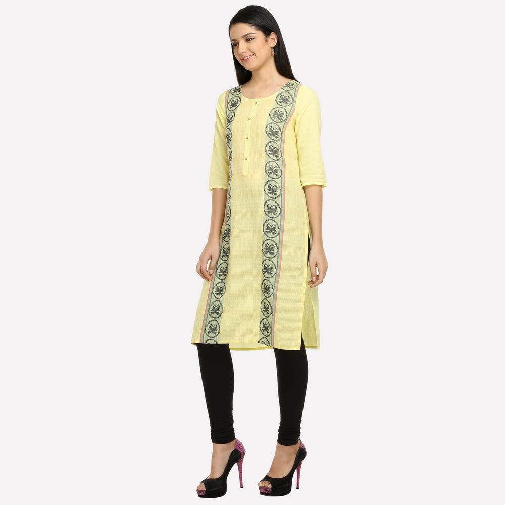 Yellow Round Neck Printed kurta