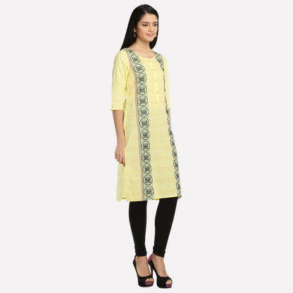 Yellow Round Neck Printed kurta