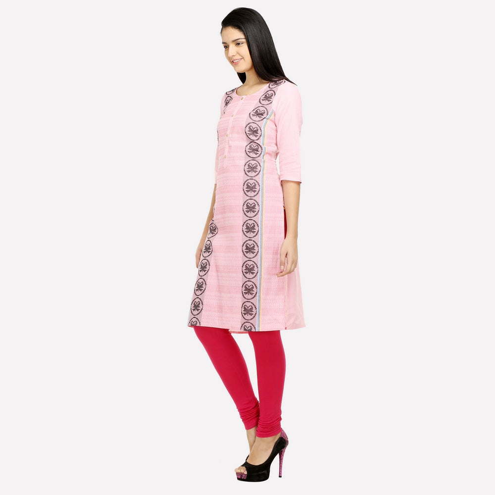 Pink Round Neck Printed kurta