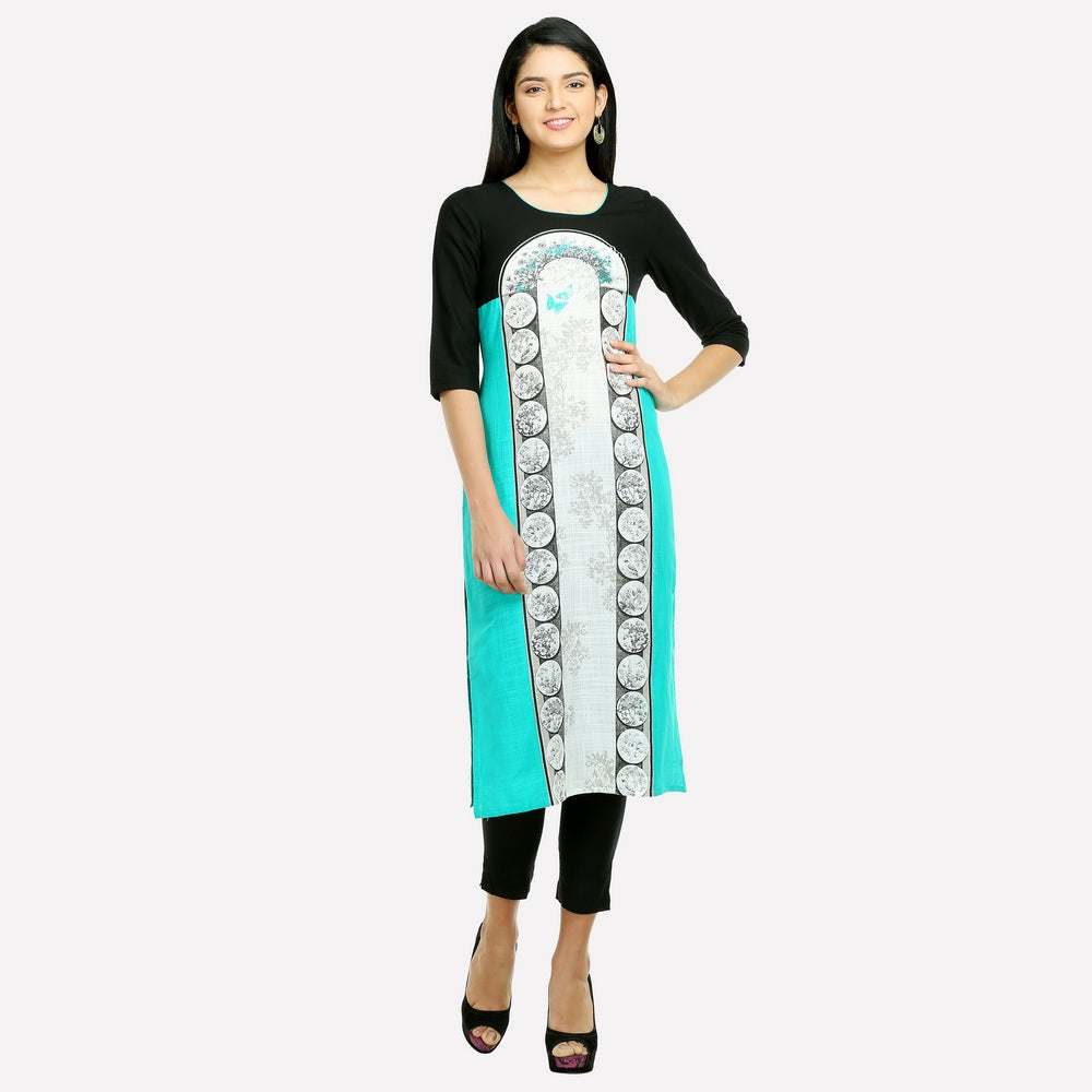 Blue &amp; Black Printed 3/4 Sleeve kurta