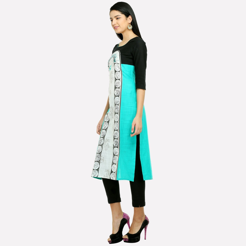 Blue &amp; Black Printed 3/4 Sleeve kurta
